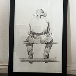 Large Drawing Framed Cowboy on Fence Signed