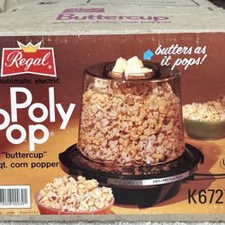 Poly Pop Electric Buttercup 4-Quart Corn Popper by Regal- It Butters as it pops -Vintage 1980’s. New in box.   