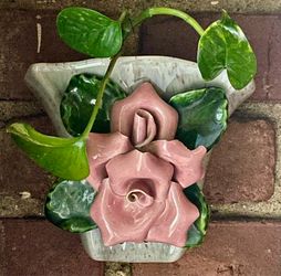 MCM Pink Rose Wall Pocket Vase / Planter - Vintage Ceramic Home Decor