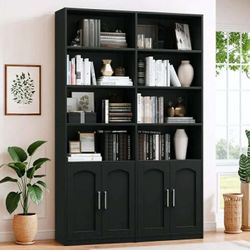 73″ Tall Bookcases with Doors, 8 Cubes 6-Tier Double Row Bookshelf, Black Bookcase for Office.
