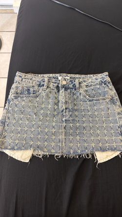 Denim Mini Skirt with Cross Print