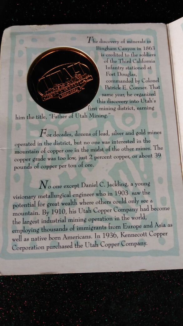 Official Kennecott Brigham Canyon mine commemorative coin copper