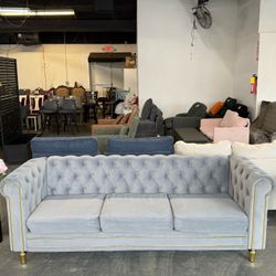 85" Chesterfield Velvet Tufted Button Sofa with Deep Seat Cushions and Rolled Arms, Modern 3-Seater Couch Decorated with Gold Strip, for Living Room, 