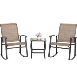 Shintenchi 3 Piece Rocking Bistro Set, Outdoor Furniture with Rocker Chairs and Glass Coffee Table Set of 3, Balcony, Porch Furniture for Small Space,
