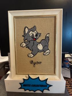 Vintage 1960s Mini Framed Art Disney Embroidered Figaro Cat Pinocchio DS-5 EPIC Inc