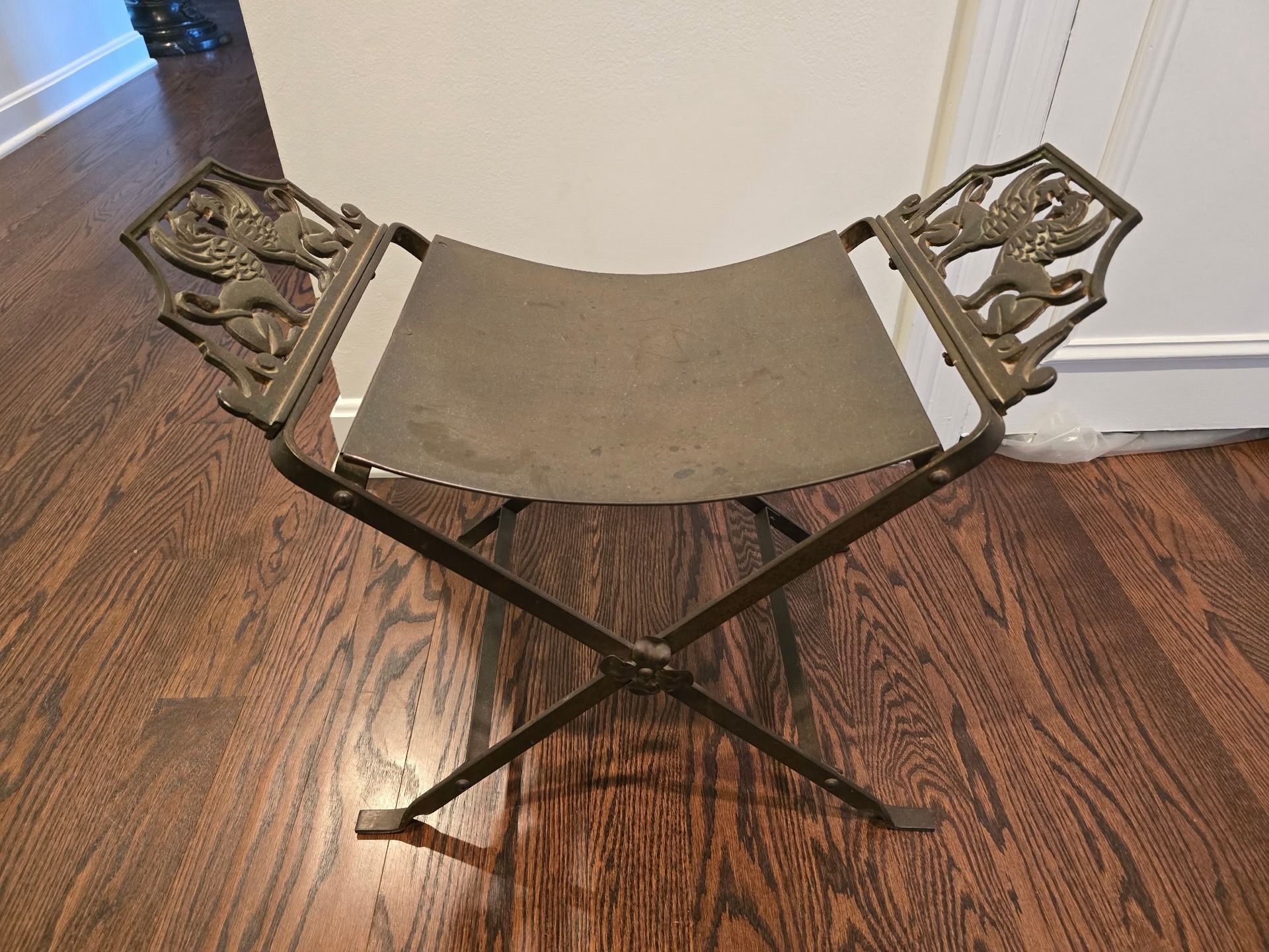 Antique Oscar Bach Bronze & Iron Curule Vanity Stool – Griffin Motif