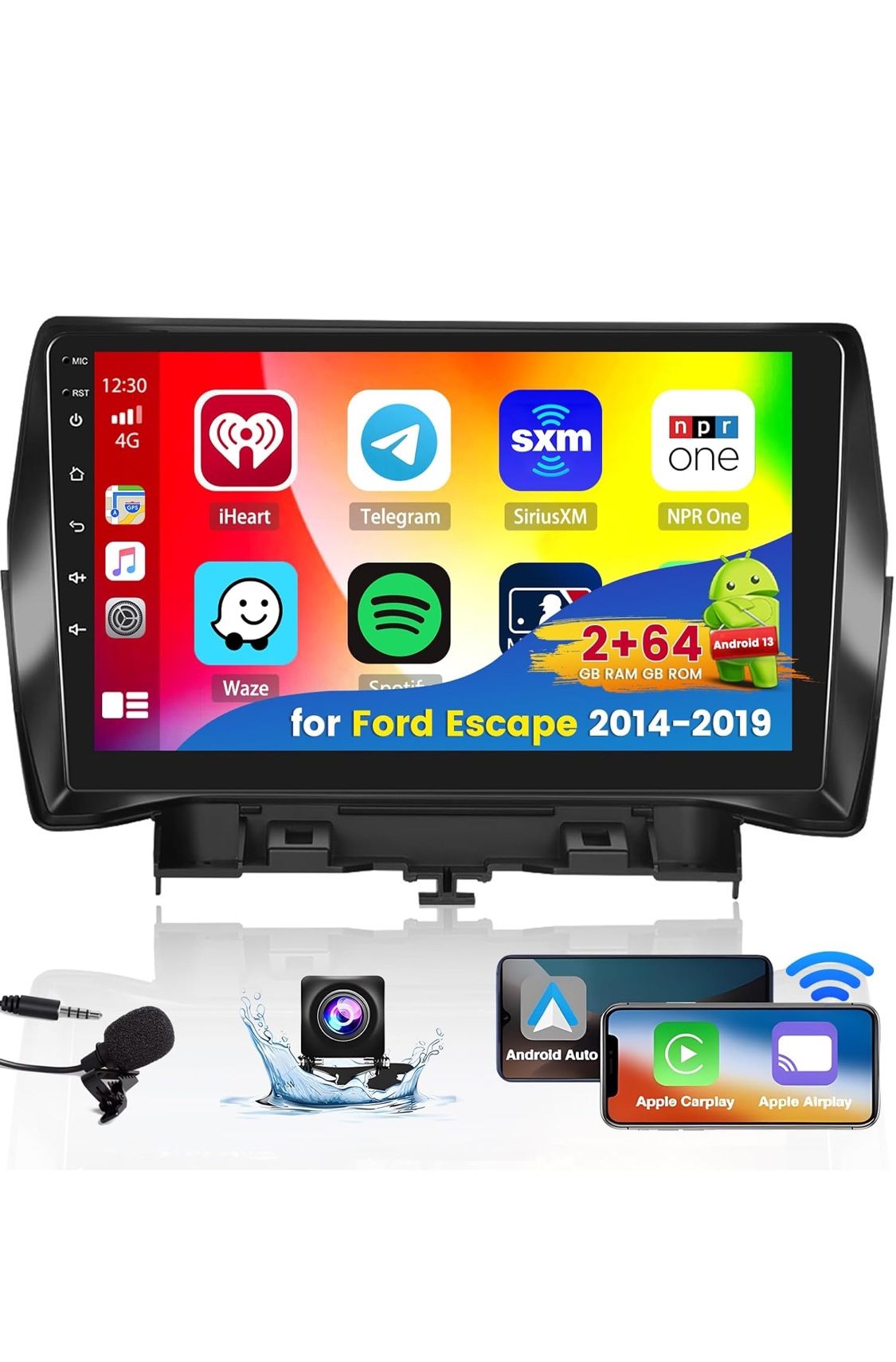 2+64G Android CarPlay Stereo for 2014-2019 Ford Escape, Built-in Wireless CarPlay Radio with Android Auto, 9'' Touch Screen in-Dash GPS Navigation Sup