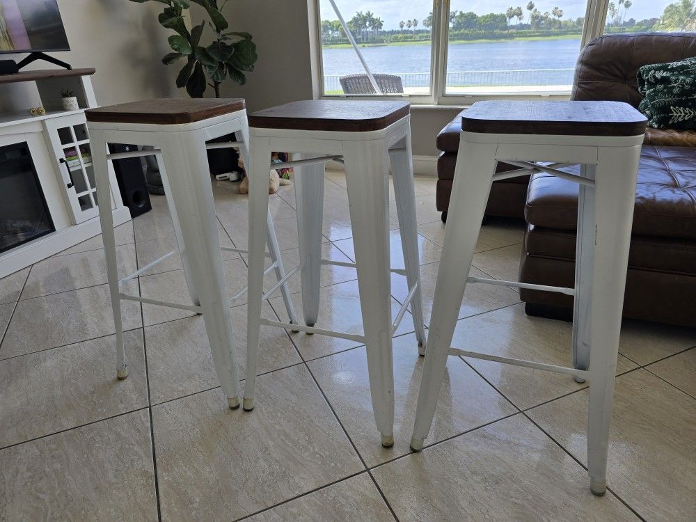 3 Wooden Top Barstools/ White Metal & Wood