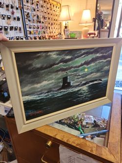 Framed Submarine Painting Signed Art
