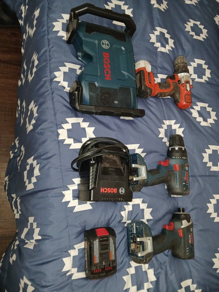 Bosch Drill And Impact Charger Battery And Bosch Construction Radio Also 12 Volt Black And Decker Screw Gun