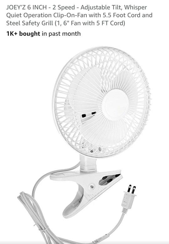 Small Fan 6 INCH - 2 Speed - Adjustable Tilt, Whisper Quiet Operation Clip-On-Fan with 5.5 Foot Cord