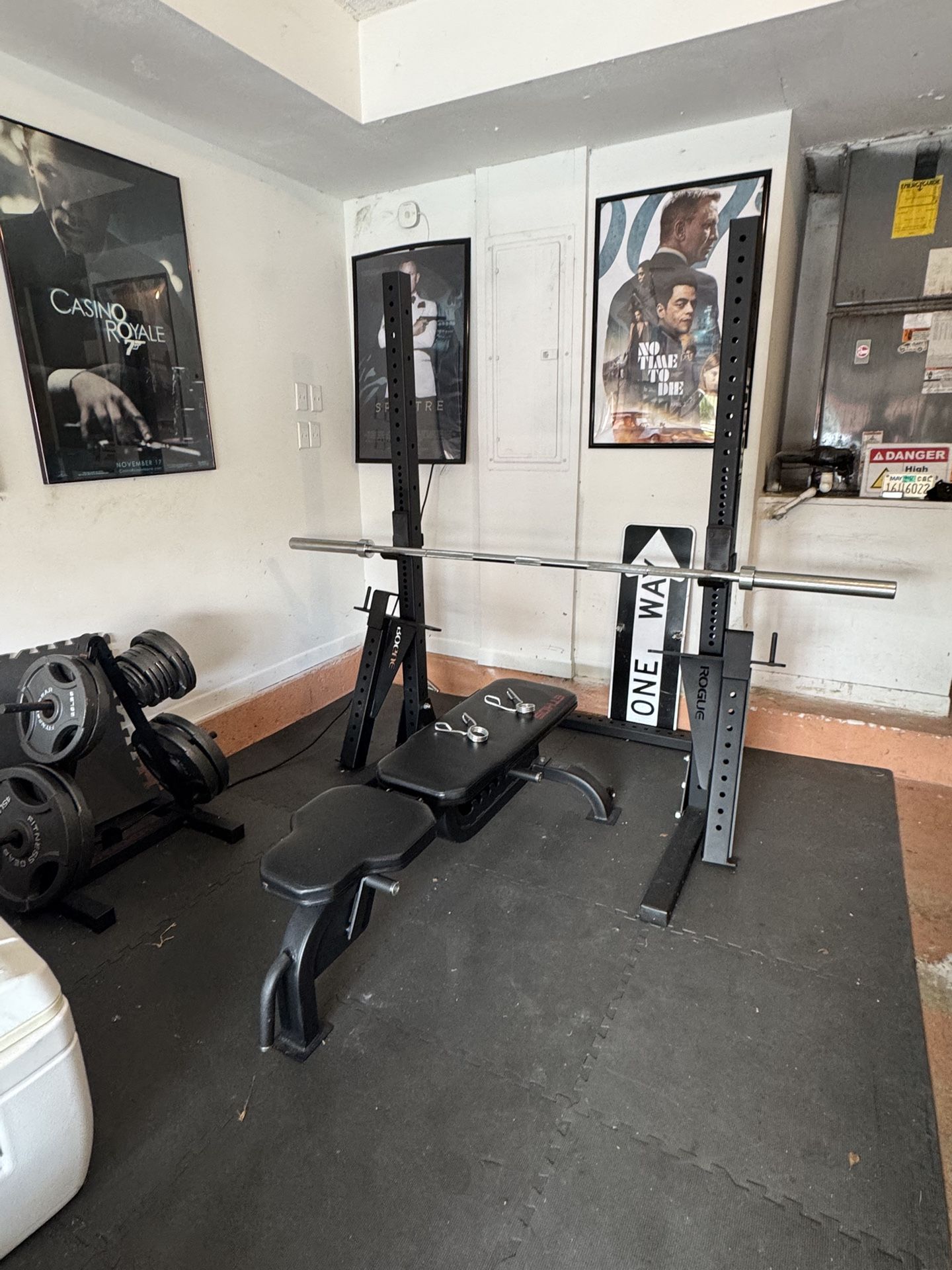 Rouge Monster Light Rack, Bar, Weights , Bench , Safety Spotter Arms,  And Flooring 