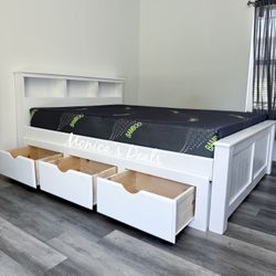 Queen Solid Wood Bed With 3 Drawers And Memory Foam Mattress $780