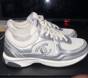 Chanel CC Logo Sneakers White Silver