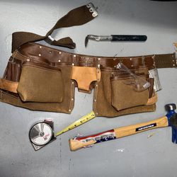 Roof and wall framing professional carpenter’s tool belt with tools 