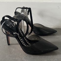 Make An Offer! Black Heels Clear Toe Suede And Chain Ankle Strap Size 6 