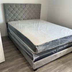 King Size Diamond Headboard With Mattress And Box Springs Set New Bedroom Furniture Bed Set Gray Bed Frame FREE DELIVERY // CAMA KING NUEVA DELIVERY 