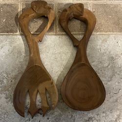 Vintage 12 Inch Long Elephant  Hand Carved Wooden Salad Fork & Spoon