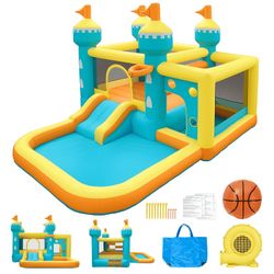 Inflatable Bounce House with 5-in-1 Play Zones for Backyard, Inflatable Castle with Slide Pool, FCC, CPC Certified, Blue/Yellow