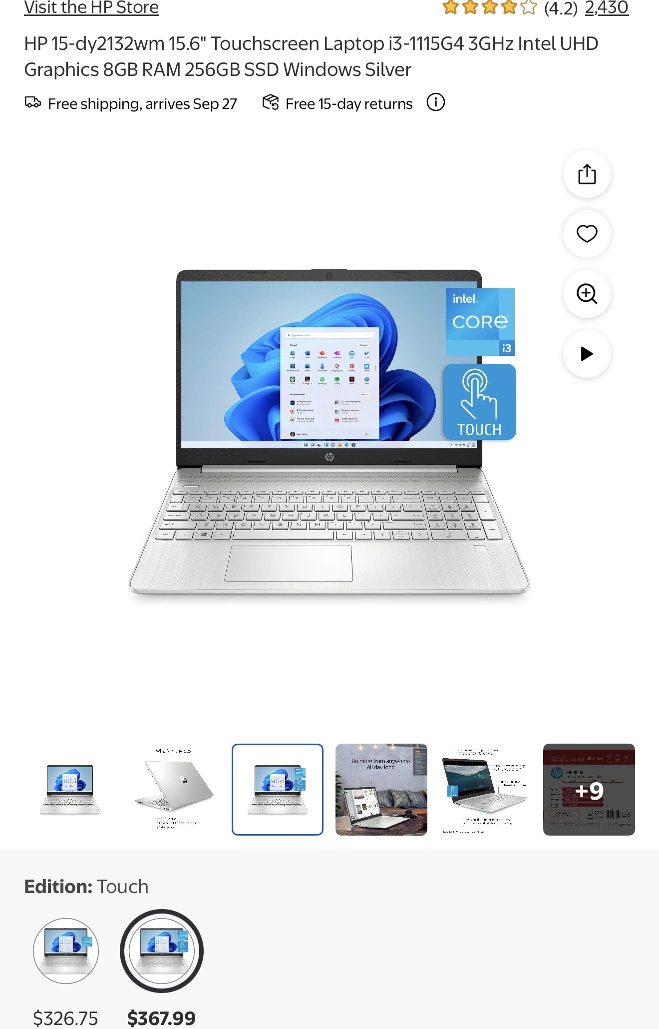 HP Touchscreen 15.6” Laptop.