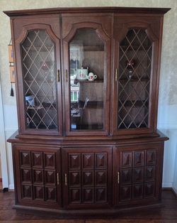 Drexel Esperanto Walnut Spanish Style Breakfront China Cabinet Made in 1967