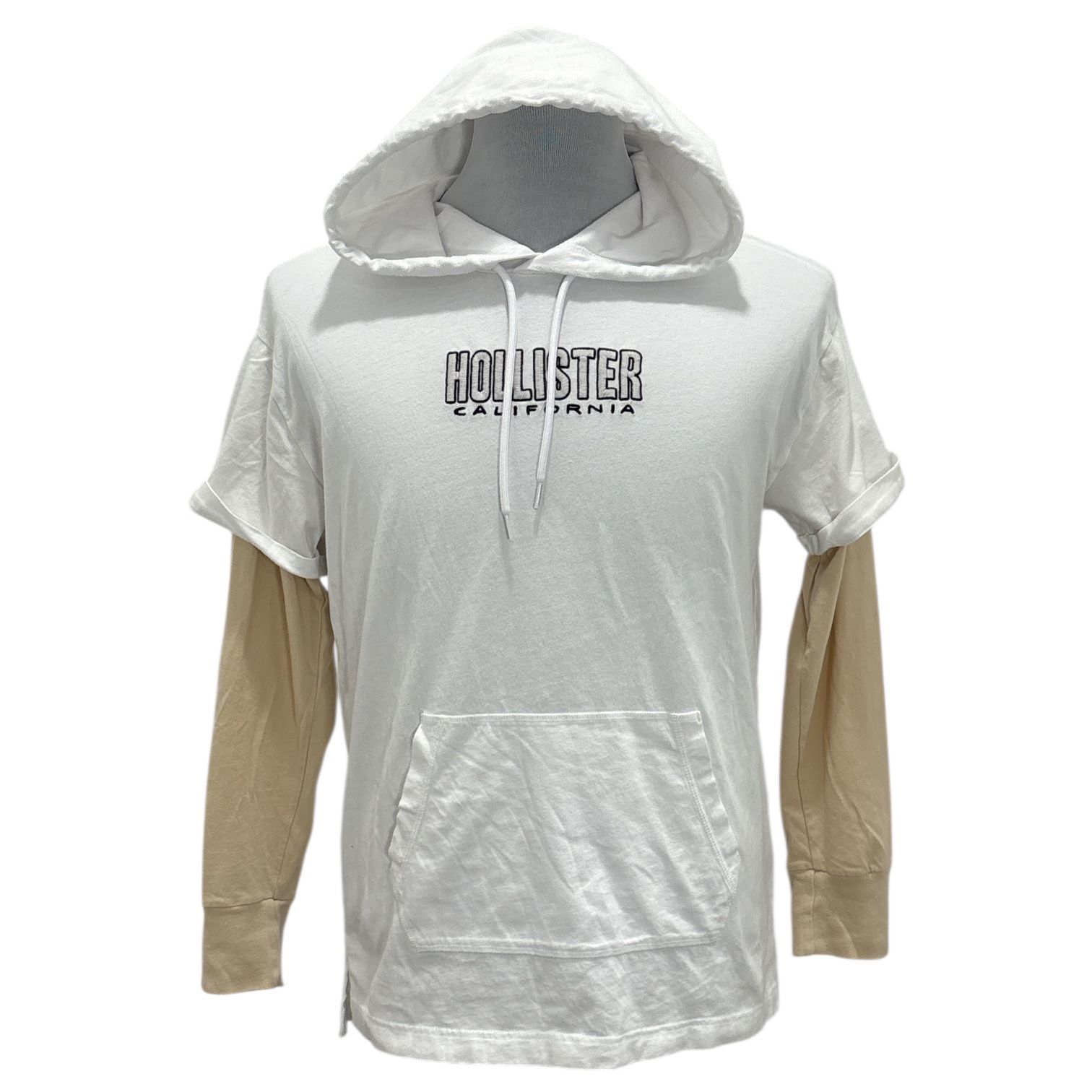 Hollister California Men's Hooded Tee Shirt White w/Tan Long Sleeve Pocket Small