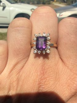 14k solid gold  natural Amethyst and diamond halo ring