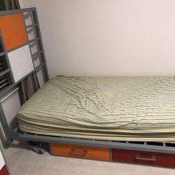 Twin Bed with Headboard and Storage Drawers Industrial Locker Style Metal 