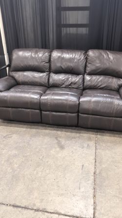 Dark Brown Reclining Three-Seat Couch with Contrast Stitching