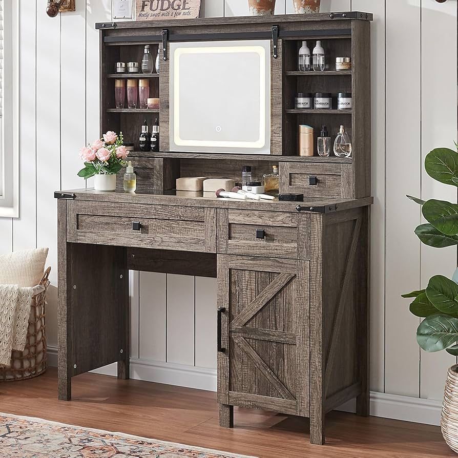 42'' Farmhouse Makeup Vanity Desk with Sliding Mirror and Lights, Glass Tabletop Vanity Table with Barn Door, 4 Drawers & Hidden Shelves, Ru