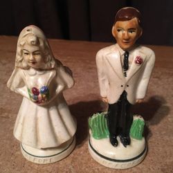 Vintage Before And After Bridegroom Time Marches On Salt And Pepper Shakers