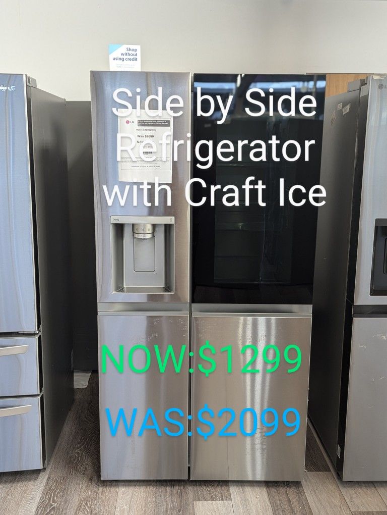 Side by Side Refrigerator with Craft Ice. 1 Year Warranty Included 