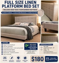 Full size Linen gently used platform bed