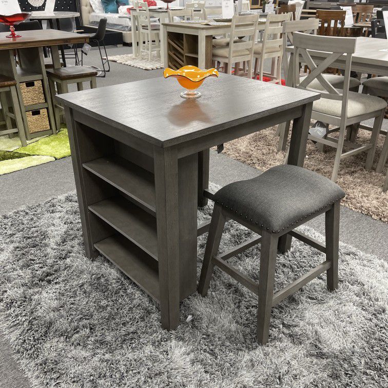 3PC Counter Rustic Grey Table and Ample Storage Shelves and 2 stools