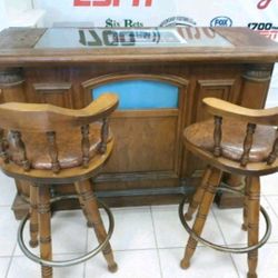 Beautiful Classic Wooden Bar And Two Barstools 