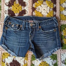 True Religion Joey Big T Women's Denim Shorts Size 29 Cutoffs Jean Shirts Big Stitch 
