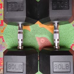 PAIR  OF  80 LB.  RUBBER HEX  DUMBBELLS 