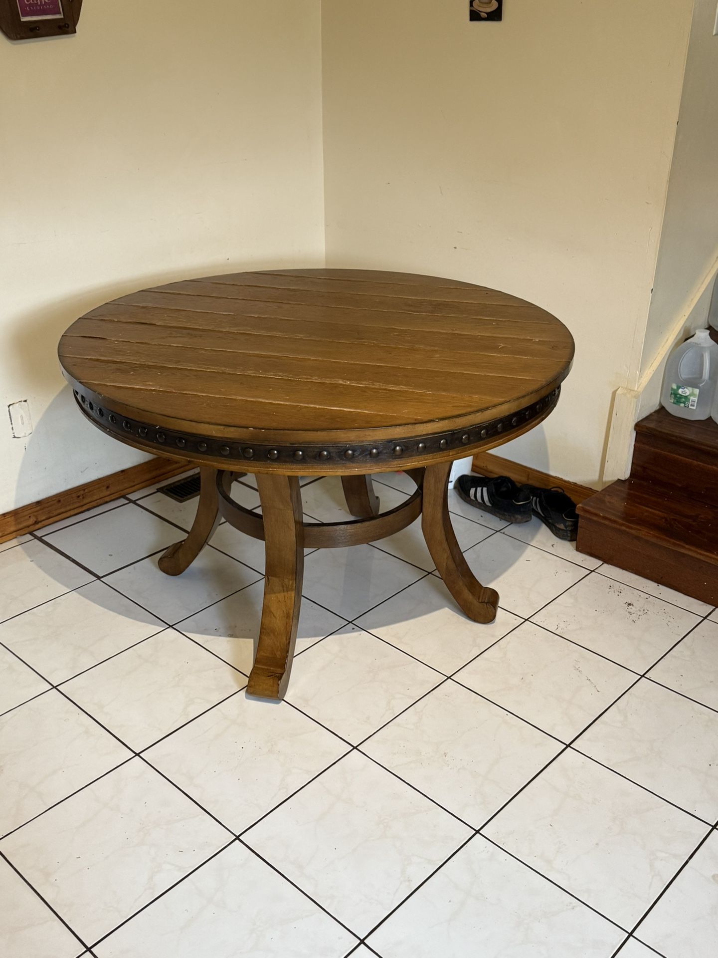 Elegant Round Wood Dining Table +2 Faux Leather Chairs