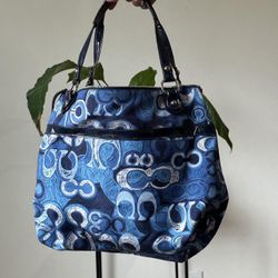 Coach (19881) Carly Signature Glam Blue Sateen Tote