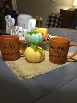 Hello Pumpkin, Let’s stay home pumpkin mugs $4 each or two for $7