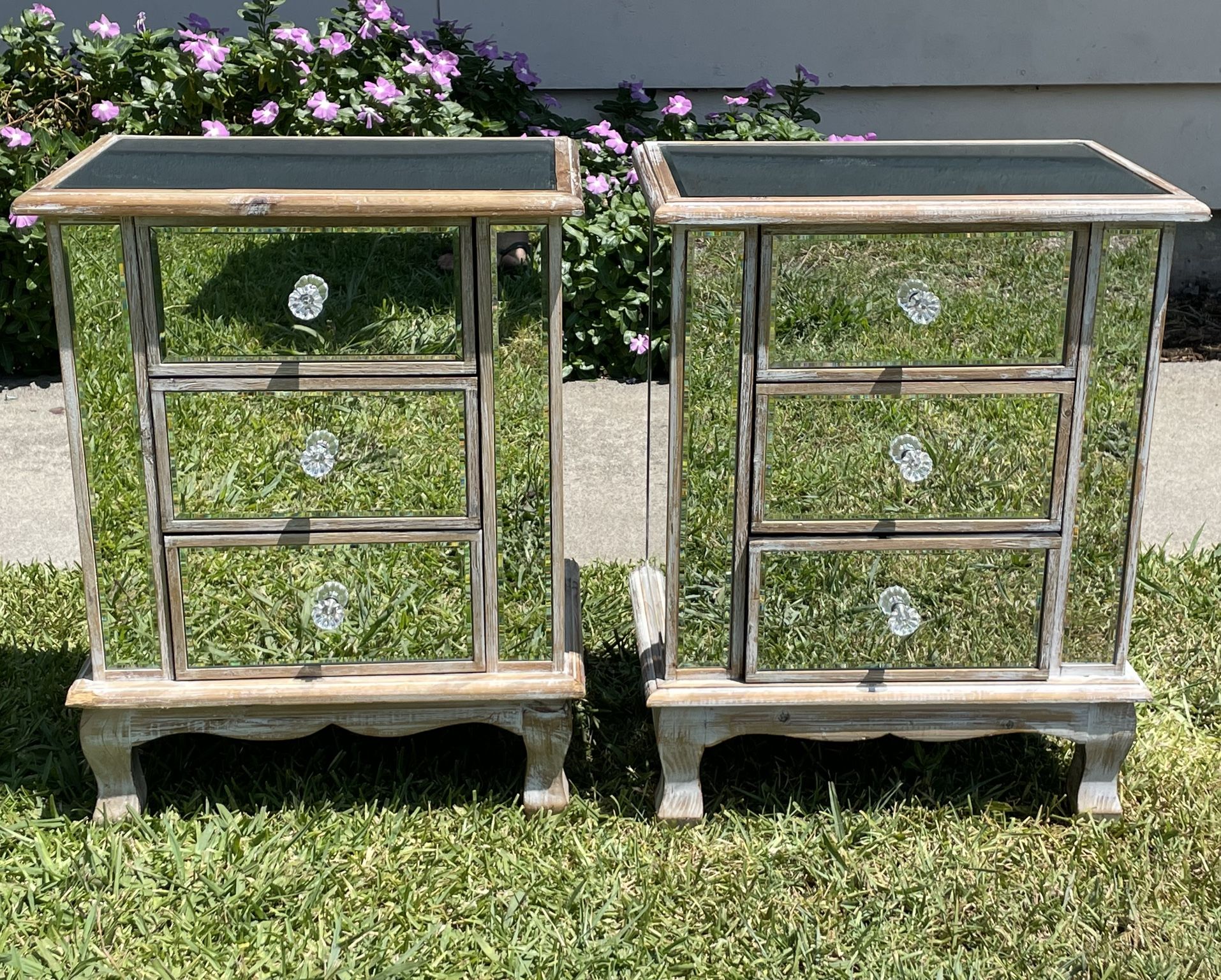 Pair of Mirrored 3 Drawer Nightstands Distressed Wood Finish