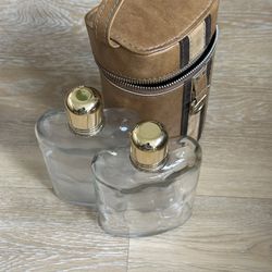 Vintage Traditional Travel 3-Piece Glass Liquor Flask Set w/ Leather Case