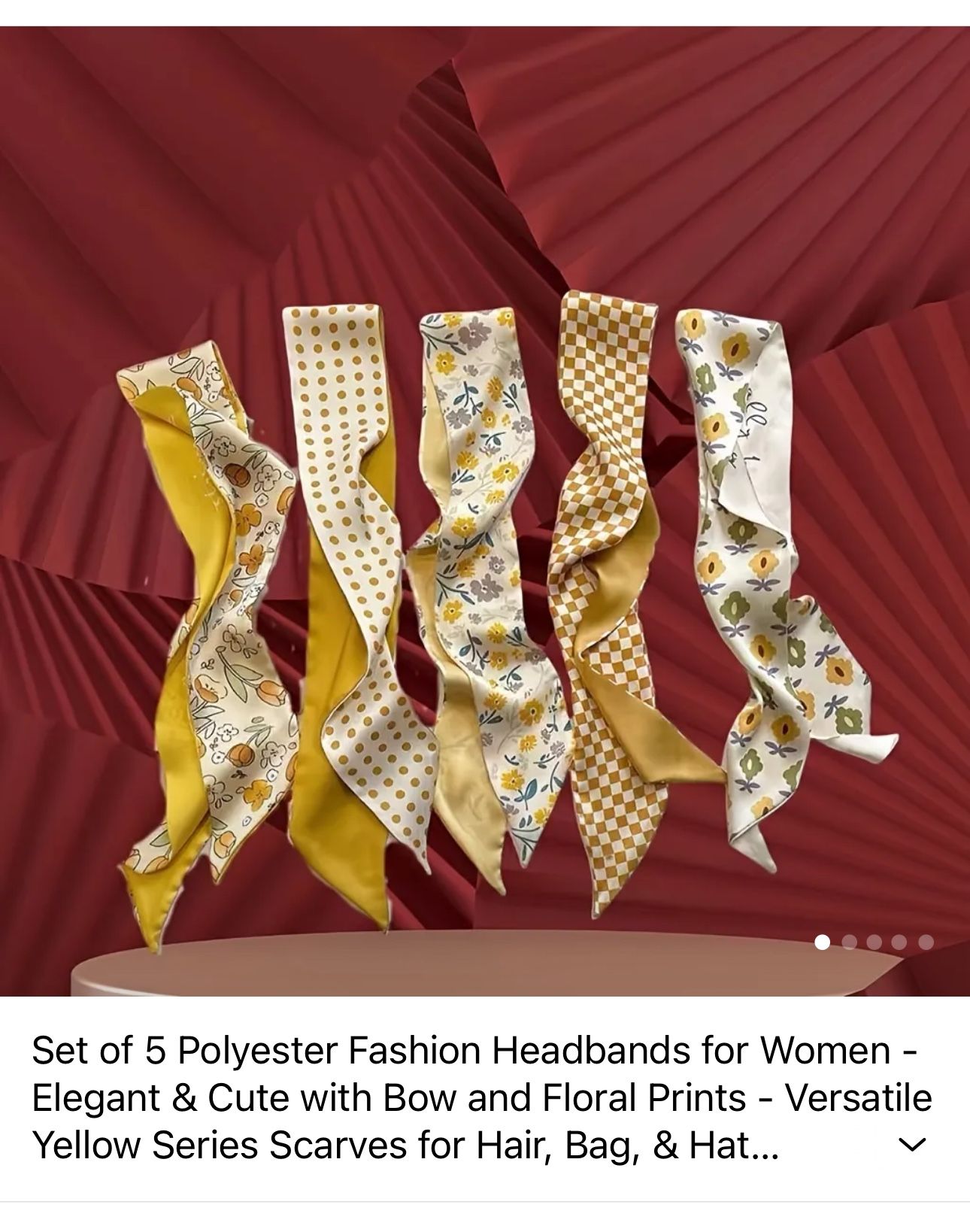 Set of 5 Polyester Fashion Headbands for Women - Elegant & Cute with Bow and Floral Prints - Versatile Yellow Series Scarves for Hair, Bag, & Hat