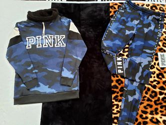 (S) Victoria's secret pink Camo Sherpa VS Pink cowl neck pullover sweater and pants 2 piece outfit set camouflaged
