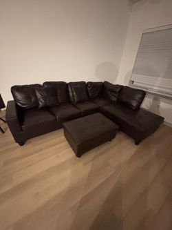 Brown Leather Sectional w/ Ottoman