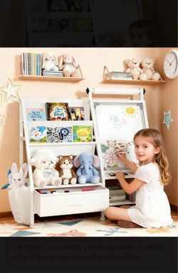 Caballete artístico 4 en 1 para niños pequeños con estantería y organizador de juguetes, caballete de dibujo para niños con rollo de papel y pizarra b