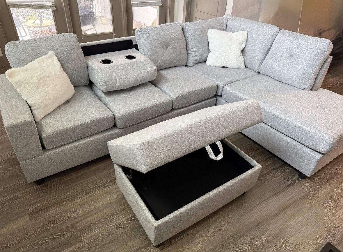 NEW IN BOX Grey Fabric Sectional with Free Storage Ottoman -54 DOWN PMT