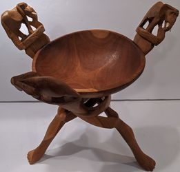 Wood Bowl with Stand - 3 Intertwined Hand Carved Legs with Elephant