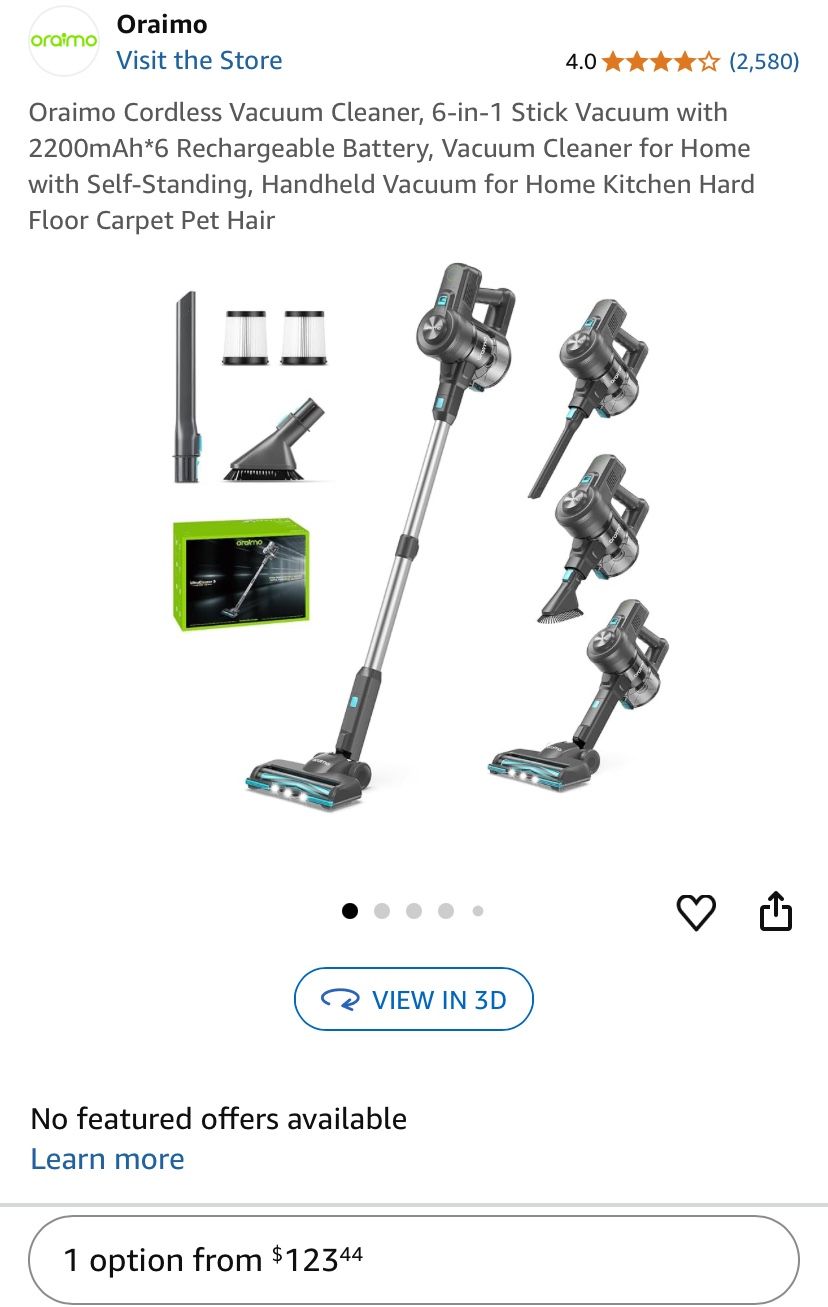 Oraimo Cordless Vacuum Cleaner, 6-in-1 Stick Vacuum with 2200mAh*6 Rechargeable Battery, Vacuum Cleaner for Home with Self-Standing, Handheld Vacuum f