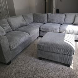 Fog Grey Plush Corduroy Sectional and Ottoman *BRAND NEW*